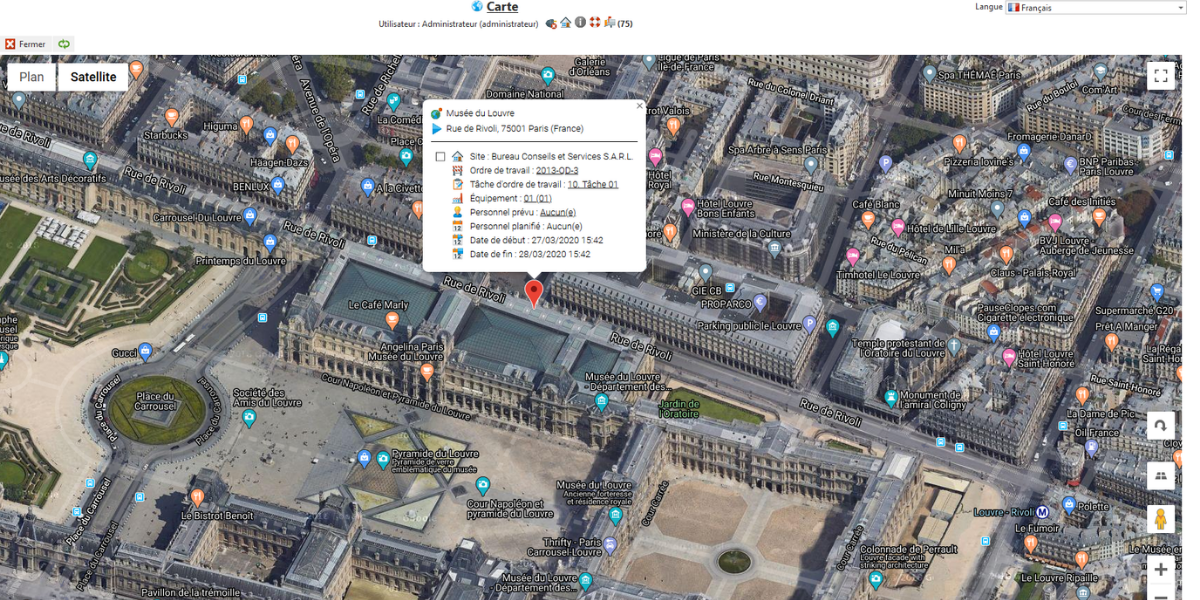 Menu cartographie et carte Google Maps dans la GMAO