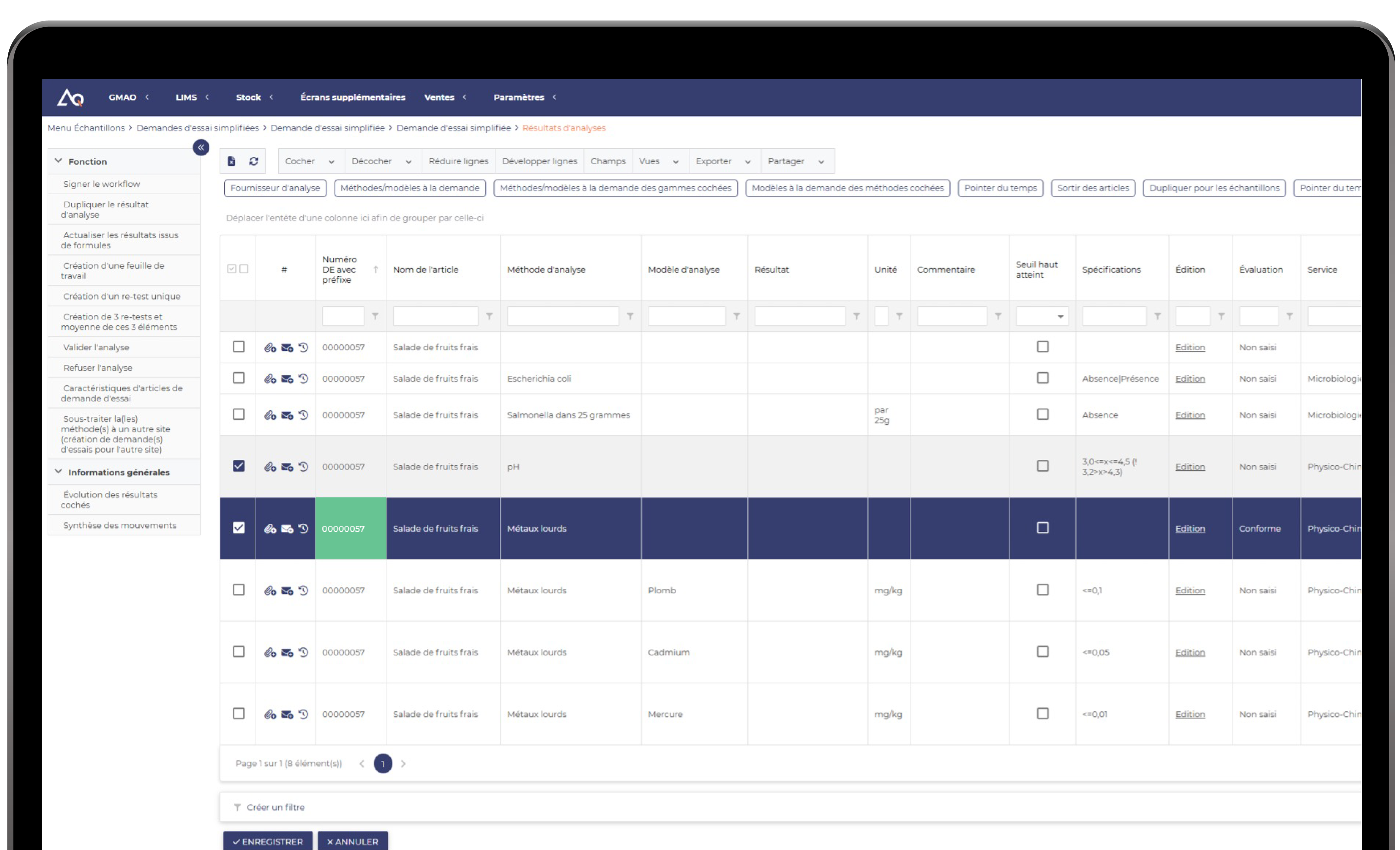 Menu LIMS avec demande d'essai simplifiée