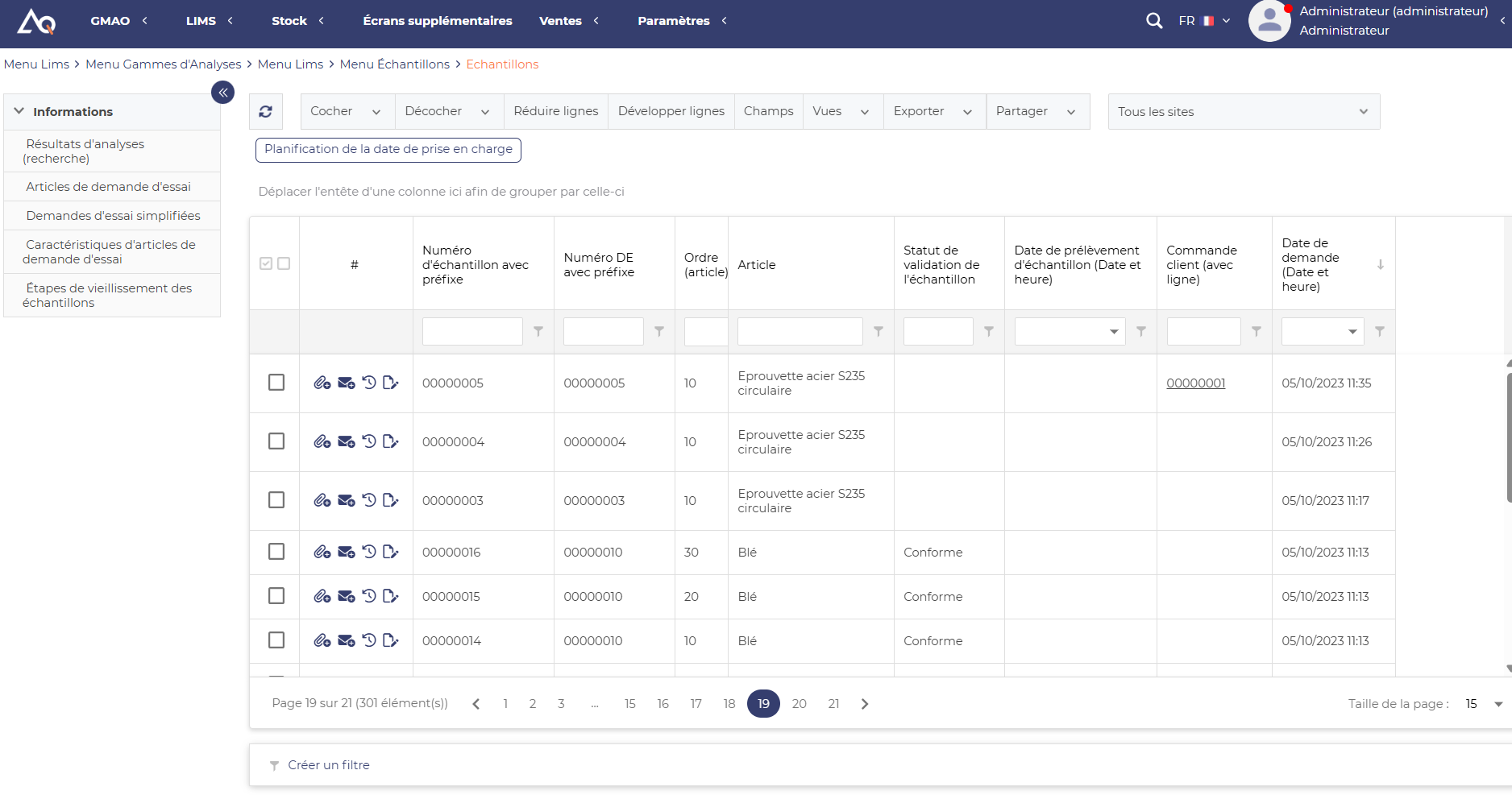 LIMS Menu Echantillothèque