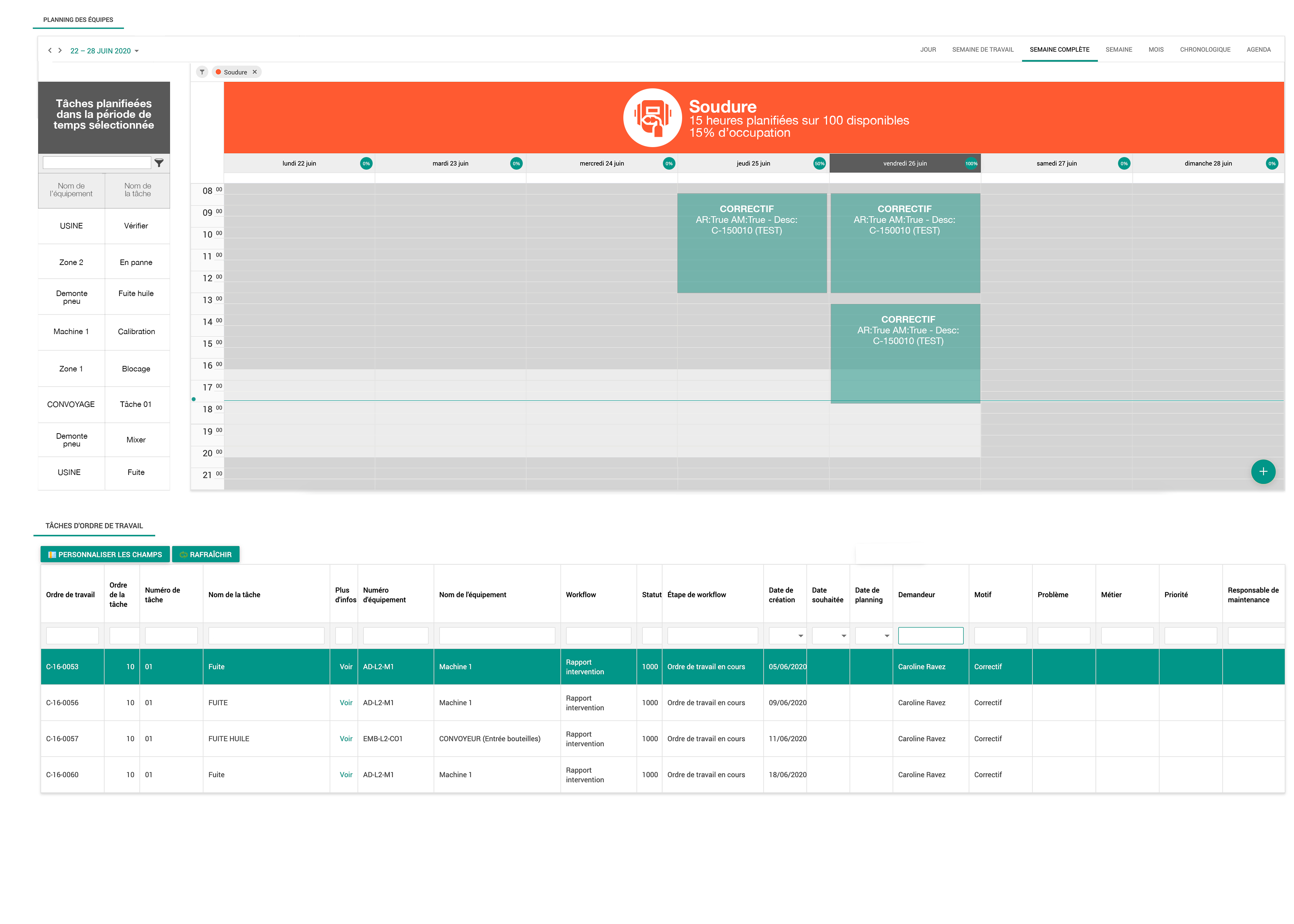 Exemple de planning du personnel dans une GMAO